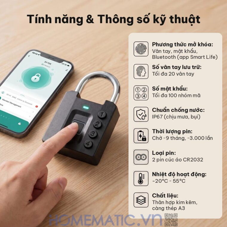 Ổ khóa vân tay mật khẩu mã số càng 8mm Exsmith P05 tính năng và thông số kỹ thuật