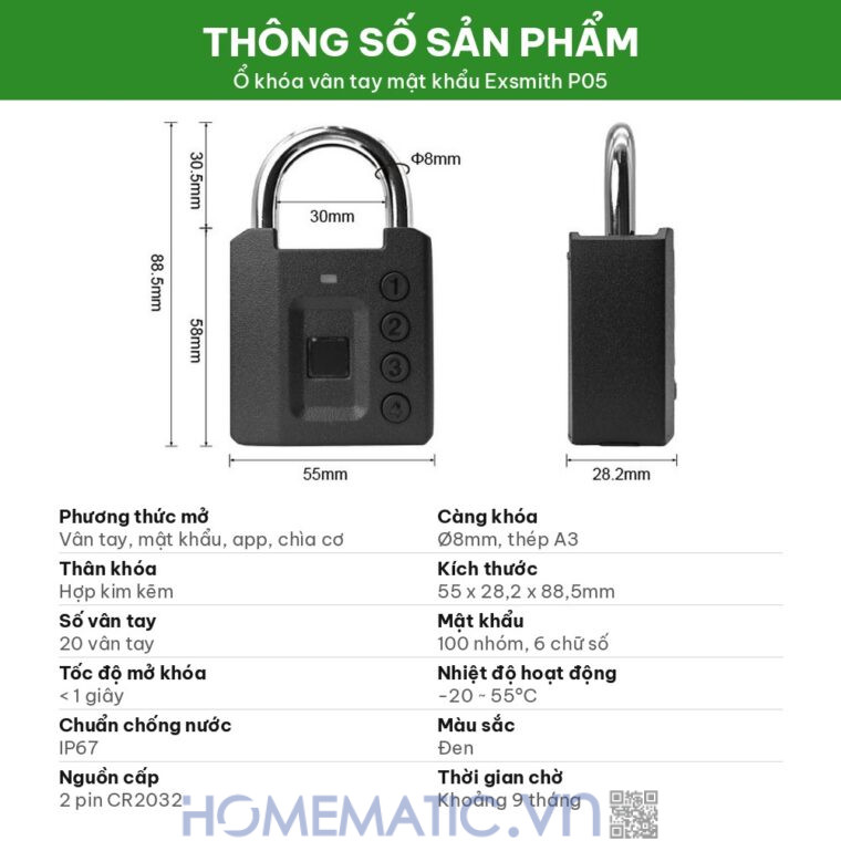 Ổ khóa vân tay mật khẩu mã số càng 8mm Exsmith P05 thông số kích thước