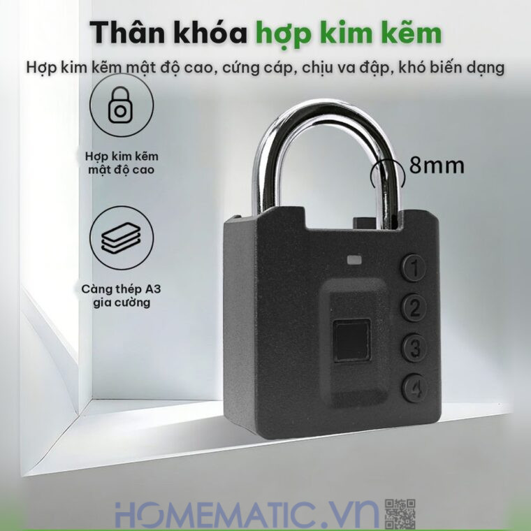 Ổ khóa vân tay mật khẩu mã số càng 8mm Exsmith P05 thân hợp kim kẽm càng thép 8mm