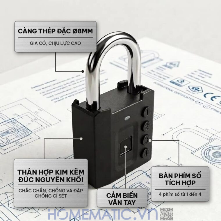 Ổ khóa vân tay mật khẩu mã số càng 8mm Exsmith P05 thân hợp kim kẽm càng thép
