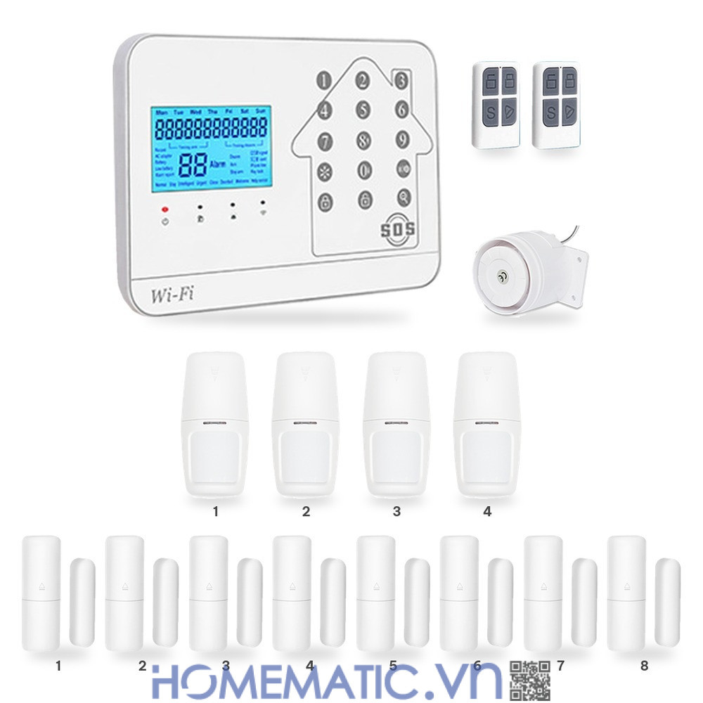 Bộ thiết bị chống trộm báo qua điện thoại dùng sim 4G +wifi Amos AM-GSM74 bộ 4 cảm biến chuyển động + 8 cảm biến cửa