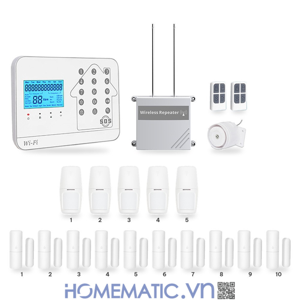Bộ thiết bị chống trộm báo qua điện thoại dùng sim 4G +wifi Amos AM-GSM74 bộ 5 cảm biến chuyển động + 10 cảm biến cửa