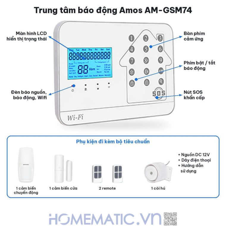 Bộ thiết bị chống trộm báo qua điện thoại dùng sim 4G +wifi Amos AM-GSM74 chi tiết trung tâm và phụ kiện
