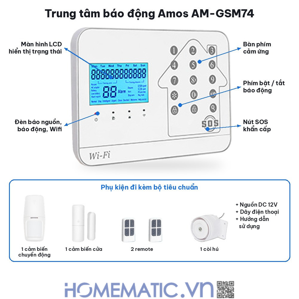 Bộ thiết bị chống trộm báo qua điện thoại dùng sim 4G +wifi Amos AM-GSM74 chi tiết trung tâm và phụ kiện Bộ thiết bị chống trộm báo qua điện thoại dùng sim 4G +wifi Amos AM-GSM74 chi tiết trung tâm và phụ kiện
