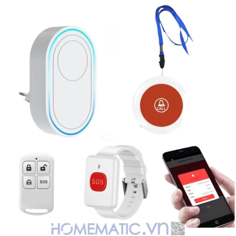 Chuông báo động cho người già không dây wifi TD12S bộ chuông + nút đeo cổ + nút đeo tay