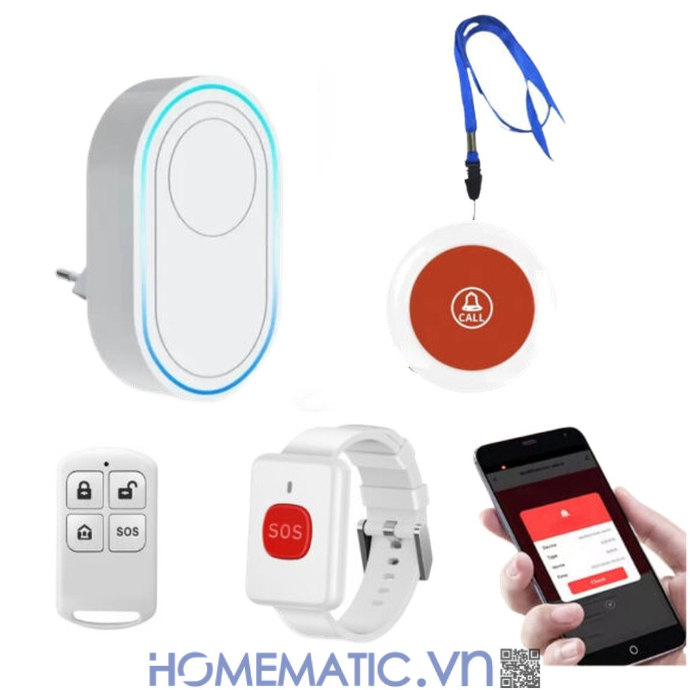 Chuông báo động cho người già không dây wifi TD12S bộ chuông + nút đeo cổ + nút đeo tay