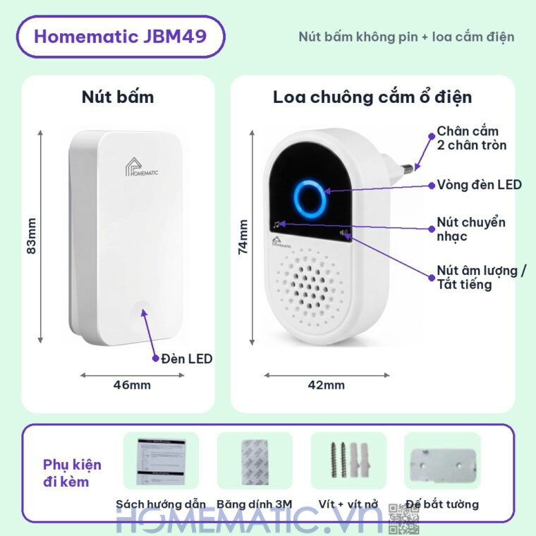 Chuông cửa không dây không dùng pin JBM49 các chức năng mô tả kích thước phụ kiện