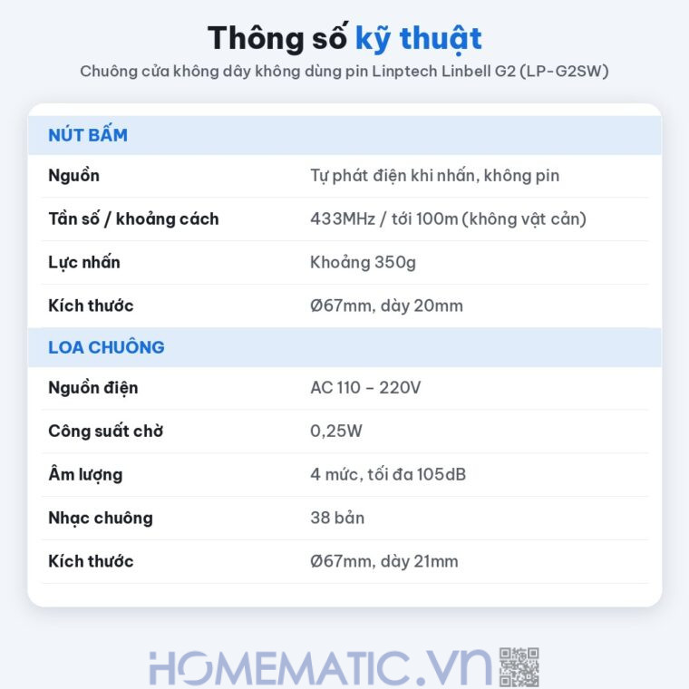 Chuông cửa không dây không dùng Pin Linptech nút bấm tròn LP-G2SW thông số kỹ thuật Chuông cửa không dây không dùng Pin Linptech nút bấm tròn LP-G2SW thông số kỹ thuật
