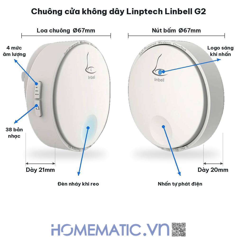 Chuông cửa không dây không dùng Pin Linptech nút bấm tròn LP-G2SW kích thước và cấu tạo Chuông cửa không dây không dùng Pin Linptech nút bấm tròn LP-G2SW kích thước và cấu tạo