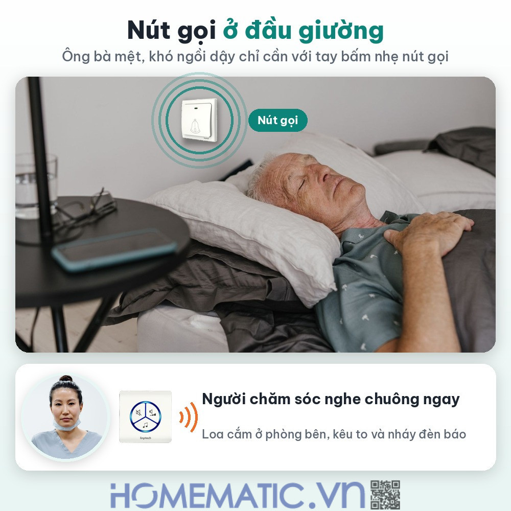 Chuông không dây cho người già không cần pin LINPTECH LP100SW nút gọi ở đầu giường phòng ngủ Chuông không dây cho người già không cần pin LINPTECH LP100SW nút gọi ở đầu giường phòng ngủ