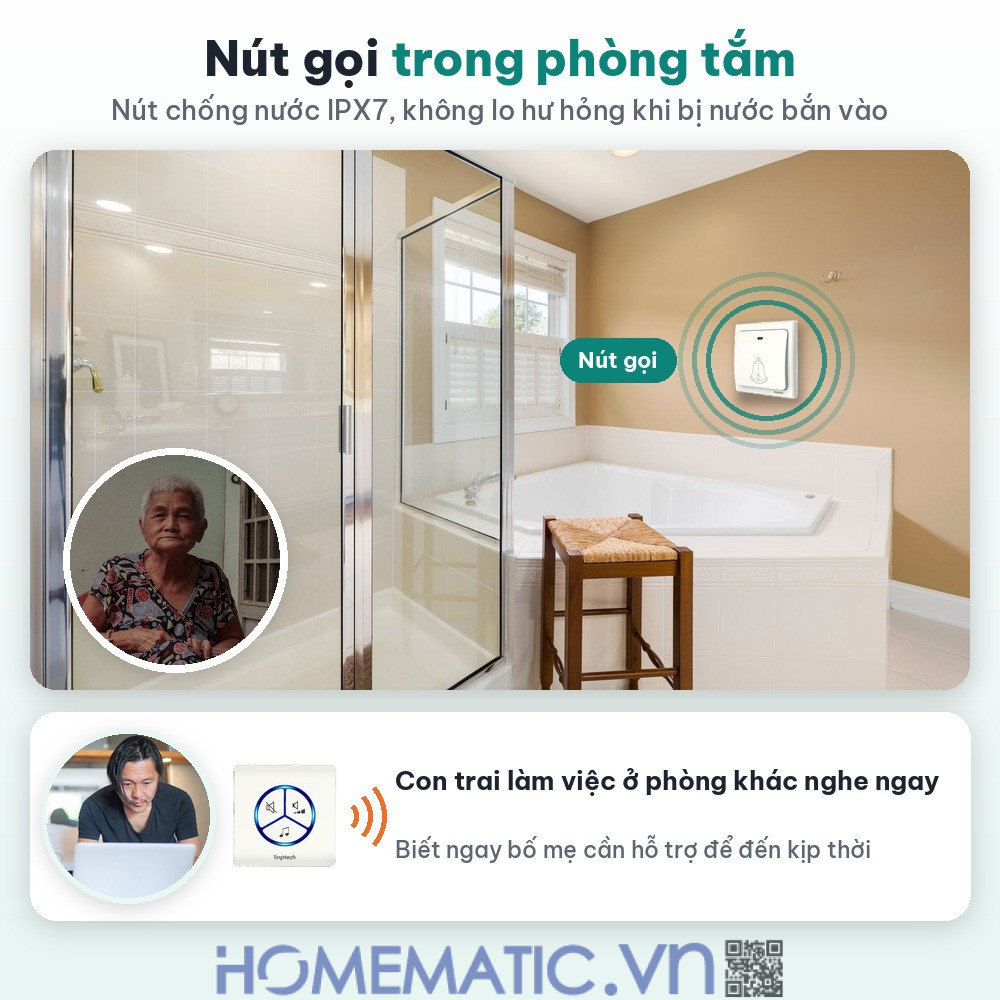 Chuông không dây cho người già không cần pin LINPTECH LP100SW nút gọi trong phòng tắm chống nước Chuông không dây cho người già không cần pin LINPTECH LP100SW nút gọi trong phòng tắm chống nước