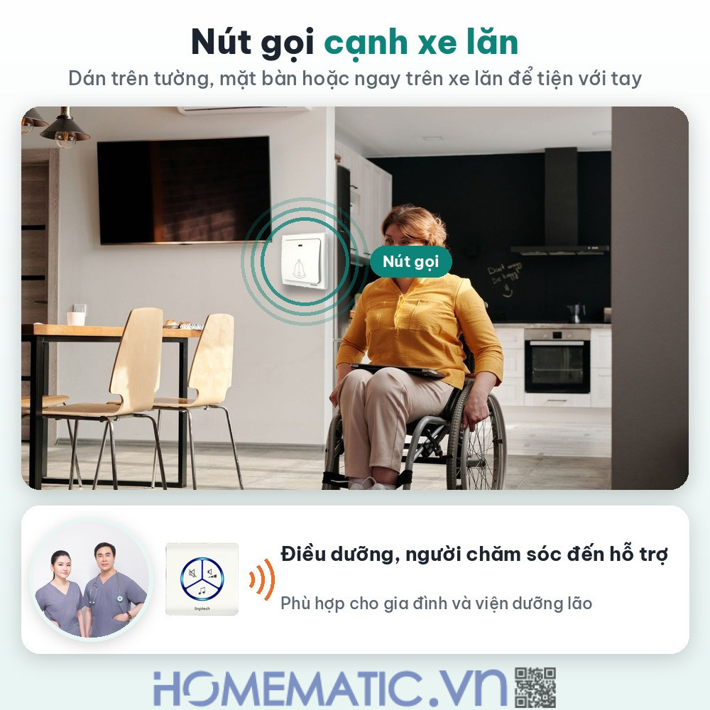 Chuông không dây cho người già không cần pin LINPTECH LP100SW nút gọi cạnh xe lăn Chuông không dây cho người già không cần pin LINPTECH LP100SW nút gọi cạnh xe lăn