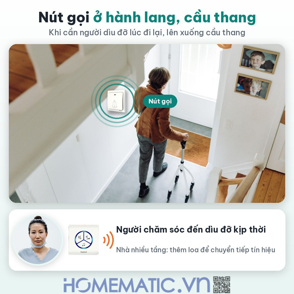 Chuông không dây cho người già không cần pin LINPTECH LP100SW nút gọi ở hành lang cầu thang Chuông không dây cho người già không cần pin LINPTECH LP100SW nút gọi ở hành lang cầu thang