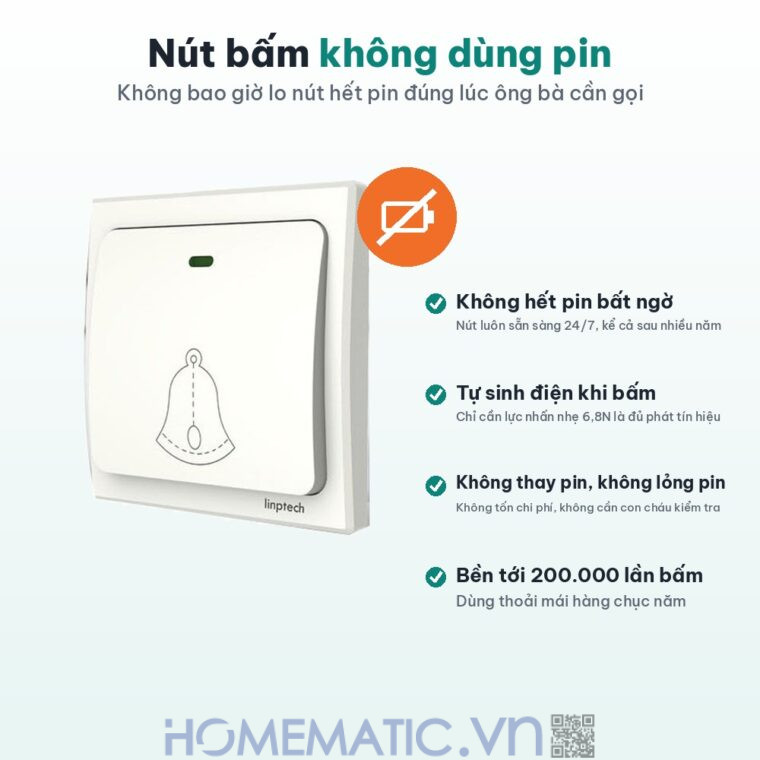Chuông không dây cho người già không cần pin LINPTECH LP100SW nút gọi không dùng pin Chuông không dây cho người già không cần pin LINPTECH LP100SW nút gọi không dùng pin