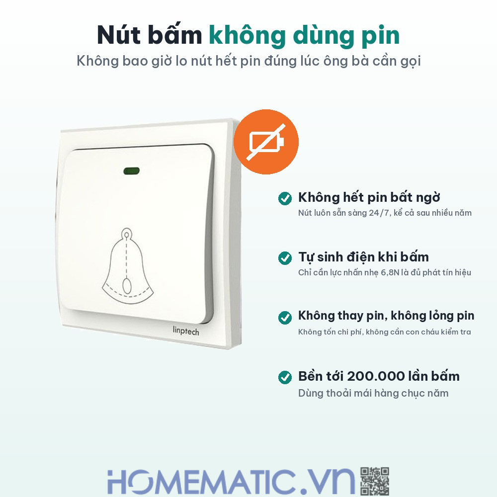 Chuông không dây cho người già không cần pin LINPTECH LP100SW nút gọi không dùng pin Chuông không dây cho người già không cần pin LINPTECH LP100SW nút gọi không dùng pin