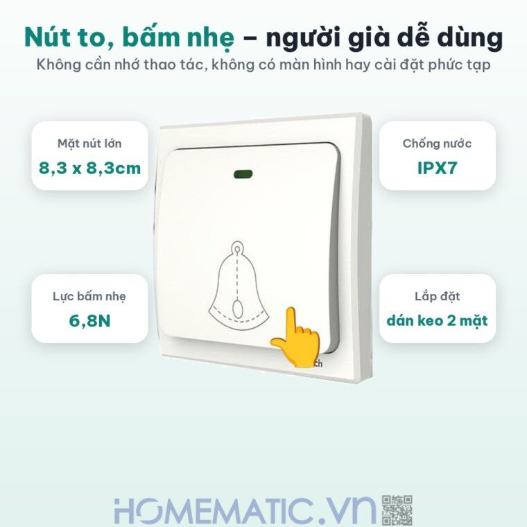 Chuông không dây cho người già không cần pin LINPTECH LP100SW nút to bấm nhẹ cho người già Chuông không dây cho người già không cần pin LINPTECH LP100SW nút to bấm nhẹ cho người già