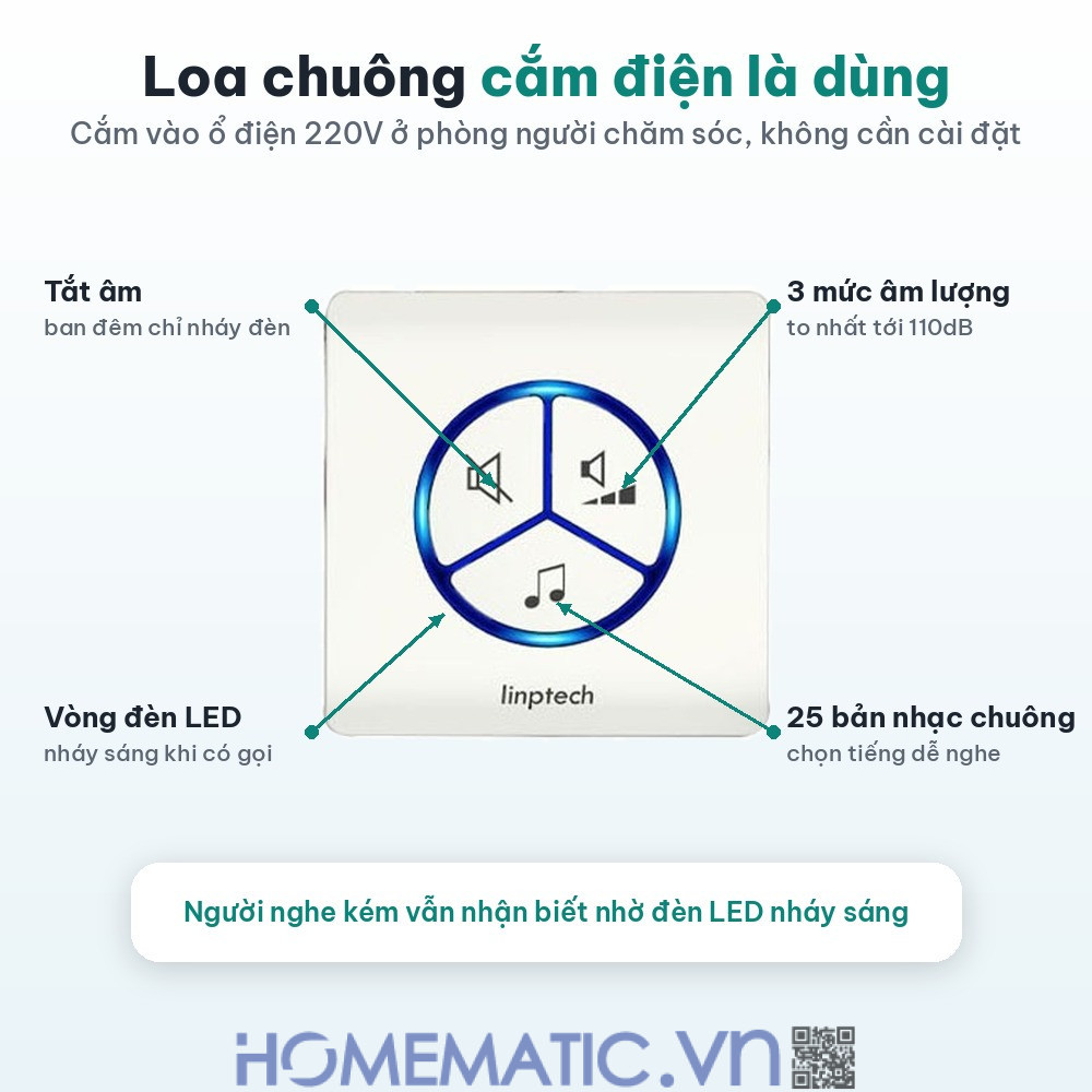 Chuông không dây cho người già không cần pin LINPTECH LP100SW loa chuông báo cắm điện Chuông không dây cho người già không cần pin LINPTECH LP100SW loa chuông báo cắm điện