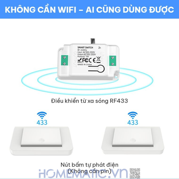 Công tắc không dây không dùng pin WHK01-RB4 không cần Wifi
