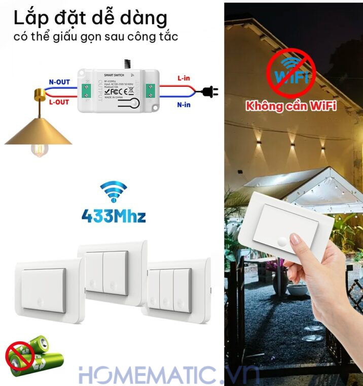 Công tắc không dây không dùng pin WHK01-RB4 lắp đặt dễ dàng