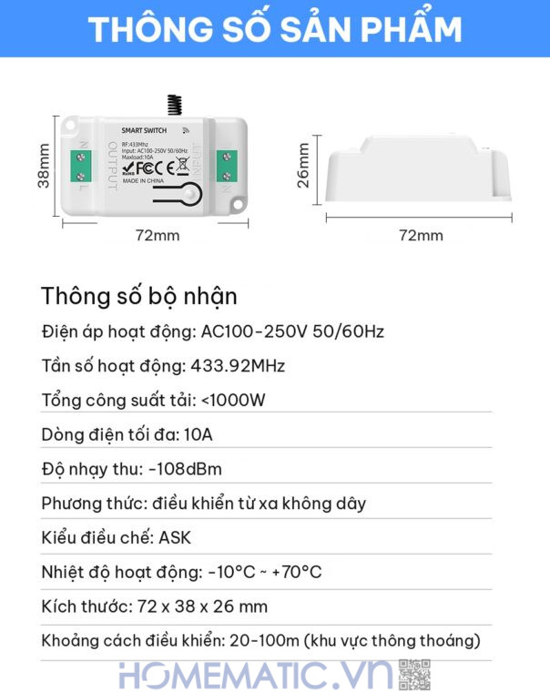 Công tắc không dây không dùng pin WHK01-RB4 thông số bộ nhận