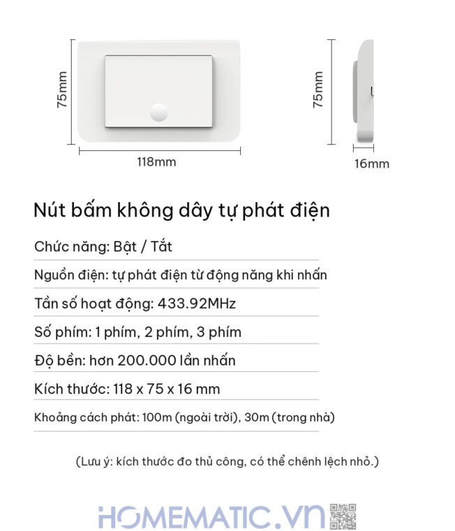 Công tắc không dây không dùng pin WHK01-RB4 thông số nút bấm