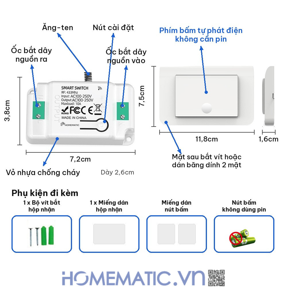 Công tắc không dây không dùng pin WHK01-RB4 kích thước và chức năng các bộ phận