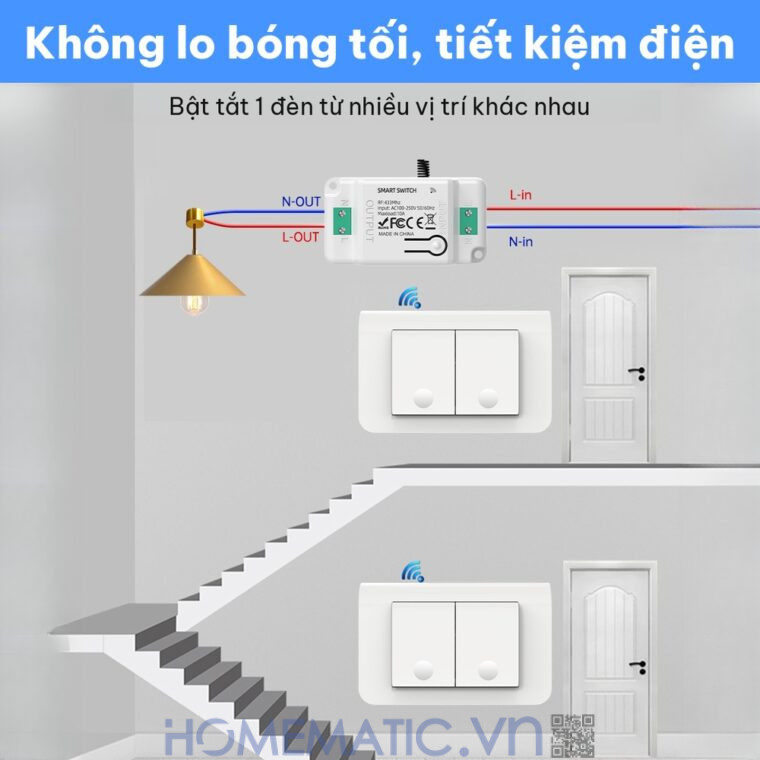 Công tắc không dây không dùng pin WHK01-RB4 bật tắt 1 đèn từ nhiều vị trí