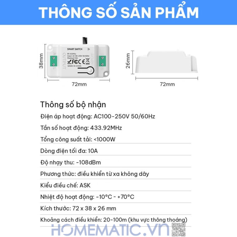 Công tắc không dây không dùng pin WHK01-RB4 thông số bộ nhận