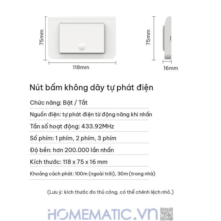 Công tắc không dây không dùng pin WHK01-RB4 thông số nút bấm