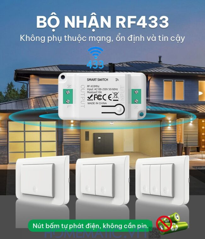 Công tắc không dây không dùng pin WHK01-RB4 bộ nhận RF433