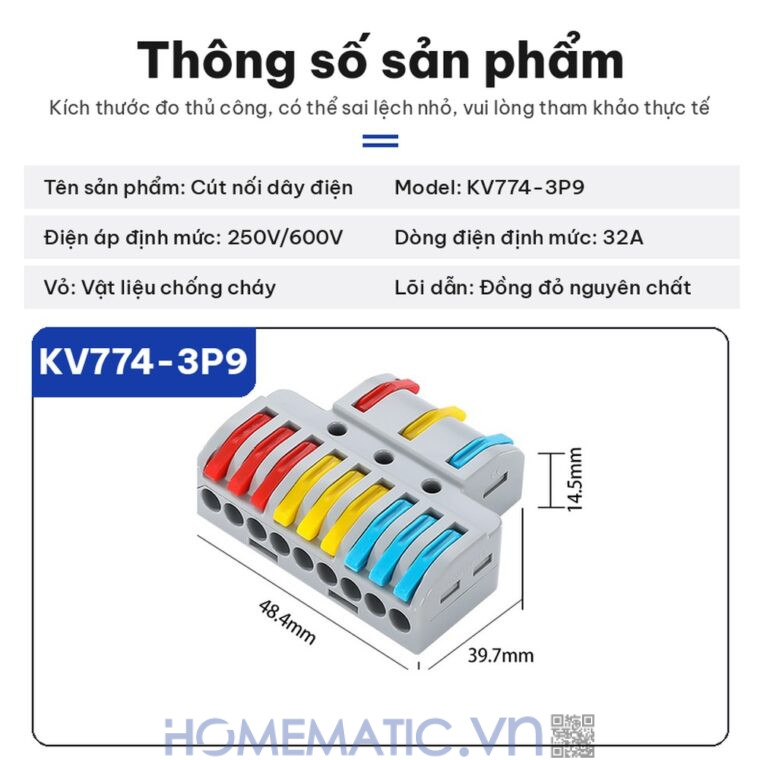 Cút nối đầu nối dây điện nhanh 3 cổng ra 9 KV774-3P9 thông số sản phẩm
