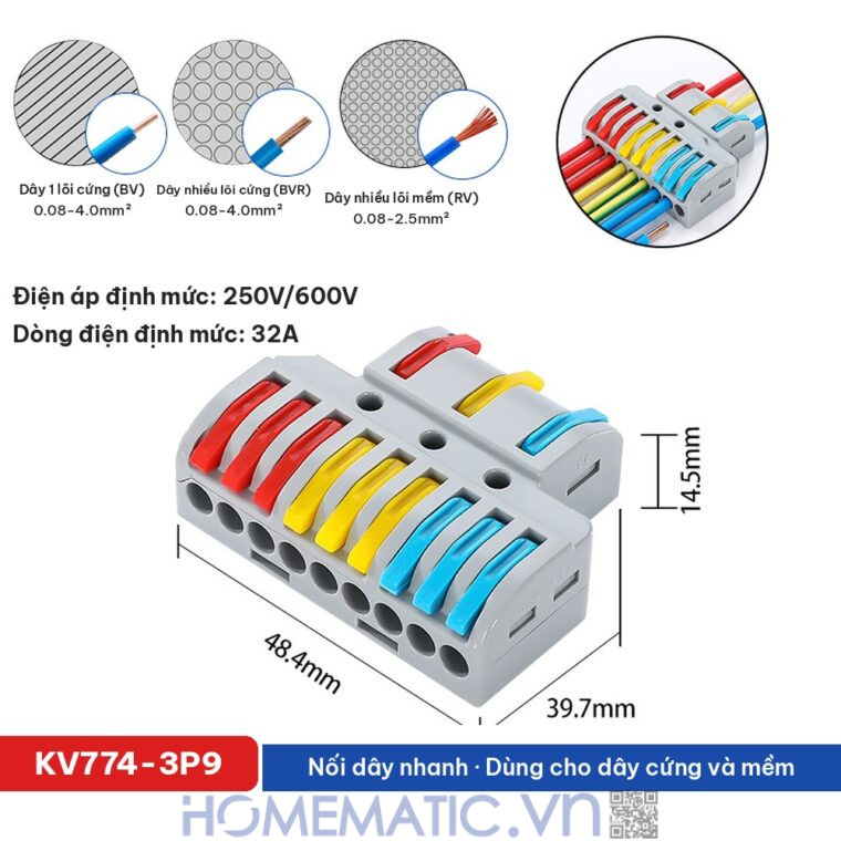 Cút nối đầu nối dây điện nhanh 3 cổng ra 9 KV774-3P9 kích thước và thông số