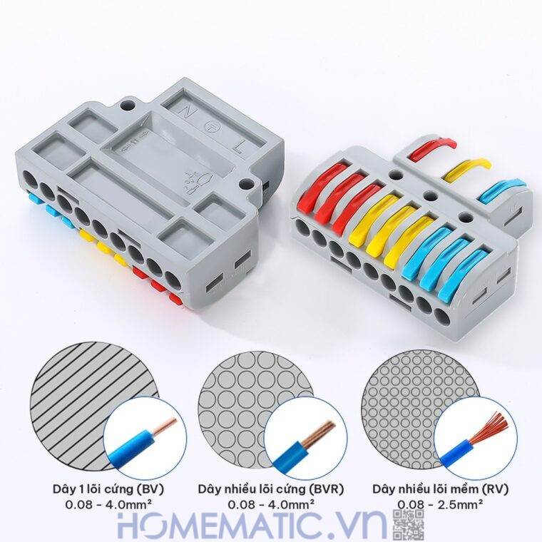 Cút nối đầu nối dây điện nhanh 3 cổng ra 9 KV774-3P9 dùng cho dây cứng và dây mềm
