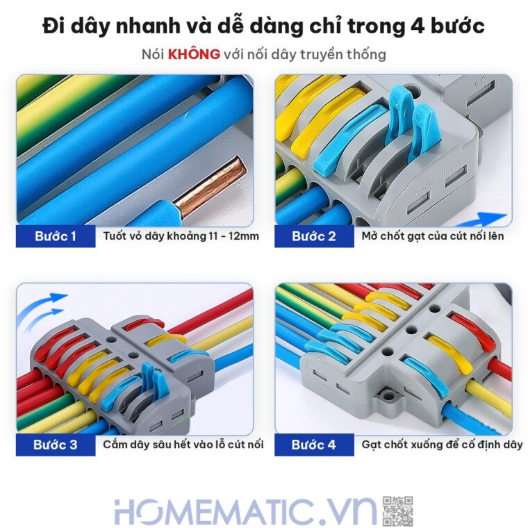 Cút nối đầu nối dây điện nhanh 3 cổng ra 9 KV774-3P9 hướng dẫn nối dây 4 bước