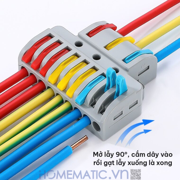 Cút nối đầu nối dây điện nhanh 3 cổng ra 9 KV774-3P9 mở lẫy cắm dây và gạt xuống