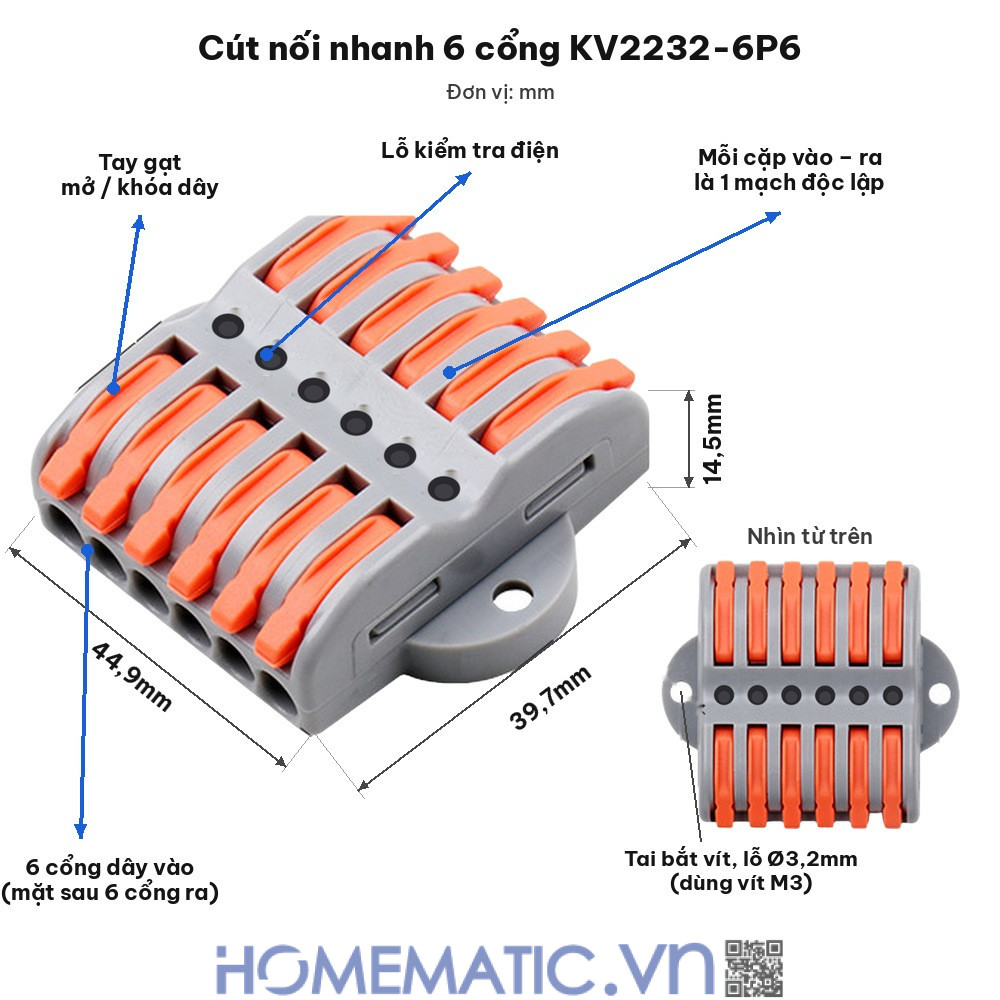 Cút nối đầu nối nhanh dây điện 6, 8 cổng có lỗ vít KV2232 kích thước và chức năng bản 6 cổng