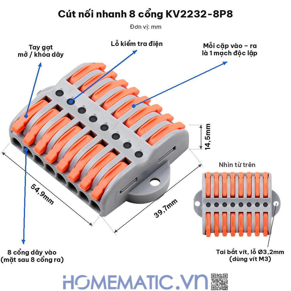 Cút nối đầu nối nhanh dây điện 6, 8 cổng có lỗ vít KV2232 kích thước và chức năng bản 8 cổng