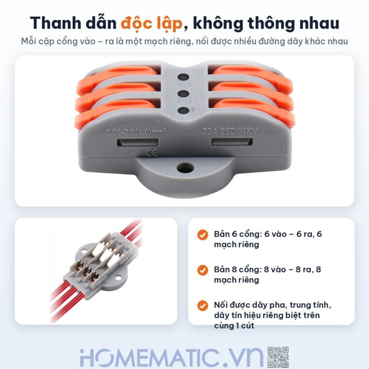 Cút nối đầu nối nhanh dây điện 6, 8 cổng có lỗ vít KV2232 thanh dẫn độc lập không thông nhau