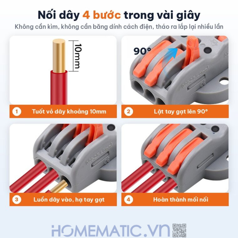Cút nối đầu nối nhanh dây điện 6, 8 cổng có lỗ vít KV2232 nối dây 4 bước