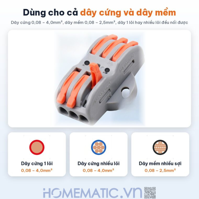 Cút nối đầu nối nhanh dây điện 6, 8 cổng có lỗ vít KV2232 dùng cho dây cứng và dây mềm