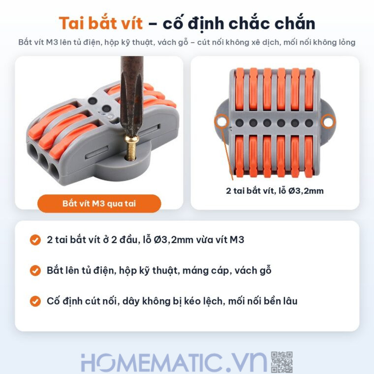 Cút nối đầu nối nhanh dây điện 6, 8 cổng có lỗ vít KV2232 tai bắt vít M3 cố định chắc chắn