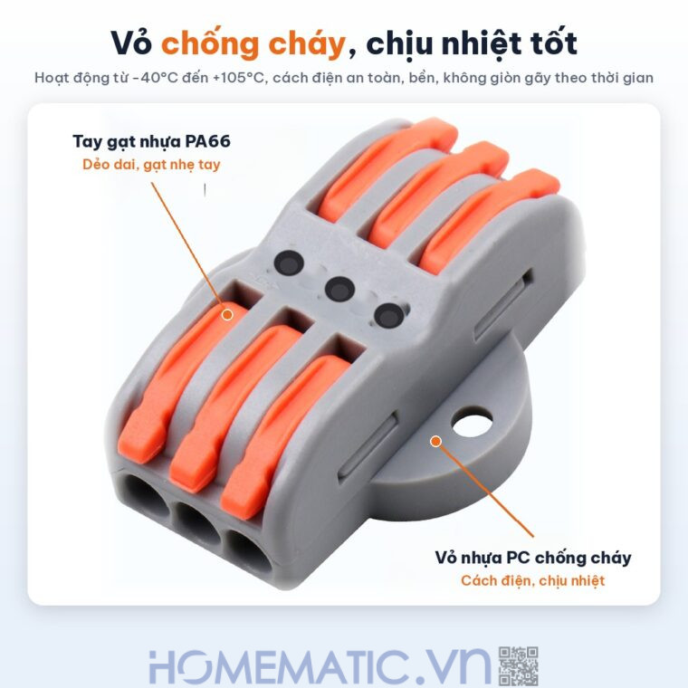 Cút nối đầu nối nhanh dây điện 6, 8 cổng có lỗ vít KV2232 vỏ chống cháy chịu nhiệt