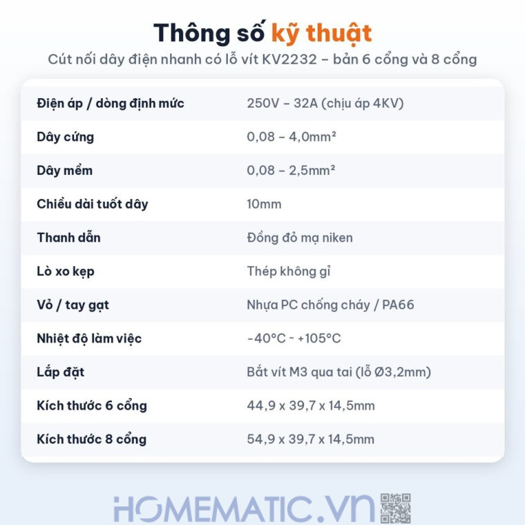 Cút nối đầu nối nhanh dây điện 6, 8 cổng có lỗ vít KV2232 thông số kỹ thuật