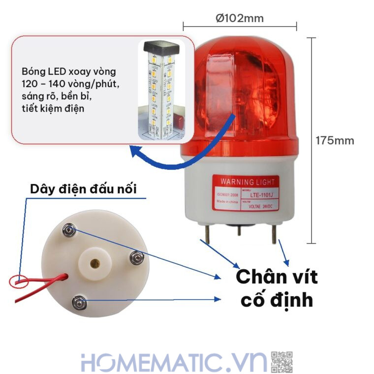 Đèn xoay báo động 24V có còi LTE-1101J kích thước và cấu tạo