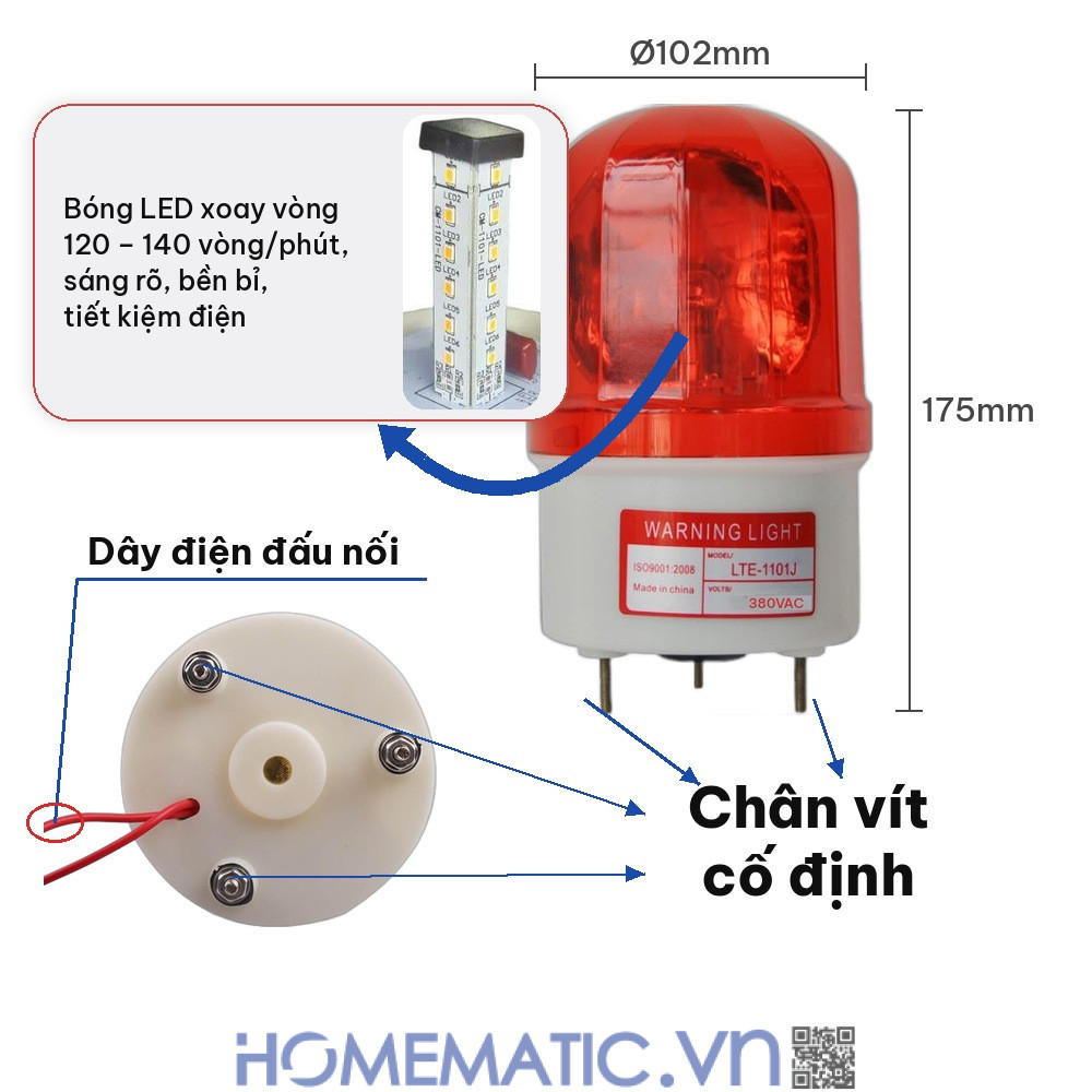 Đèn xoay báo động 380V có còi LTE-1101J kích thước và cấu tạo