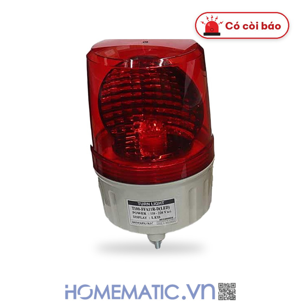 Đèn xoay cảnh báo Hanyoung T100 220V có còi nắp phẳng màu đỏ có còi