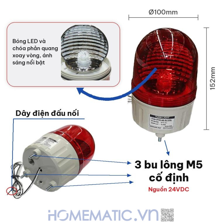 Đèn xoay cảnh báo Hanyoung T100 24VDC có còi kích thước và cấu tạo Đèn xoay cảnh báo Hanyoung T100 24VDC có còi kích thước và cấu tạo