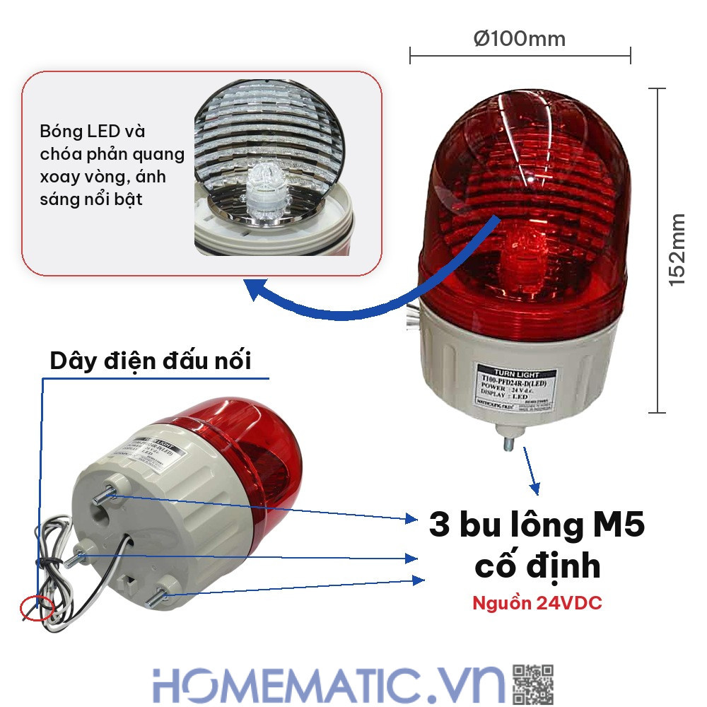 Đèn xoay cảnh báo Hanyoung T100 24VDC có còi kích thước và cấu tạo Đèn xoay cảnh báo Hanyoung T100 24VDC có còi kích thước và cấu tạo