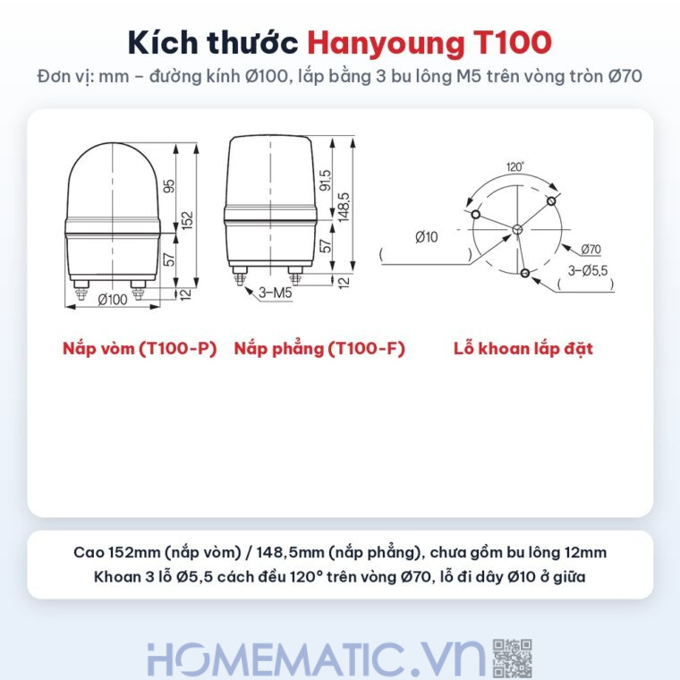 Đèn xoay cảnh báo Hanyoung T100 24VDC có còi kích thước và lỗ khoan lắp đặt Đèn xoay cảnh báo Hanyoung T100 24VDC có còi kích thước và lỗ khoan lắp đặt